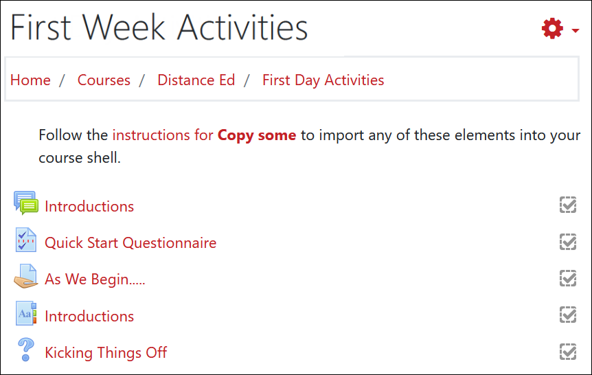 Screenshot of first week engagement Moodle course