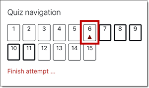 Quiz navigation map with a red caution triangle appearing in the bottom of the image representing the sixth quiz question.
