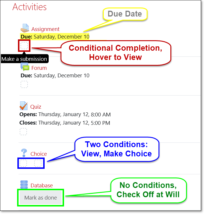 Screenshot of course page showing highlighted due date and activity completion boxes