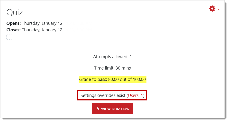 Screenshot of grade to pass and user override displays in a quiz page.