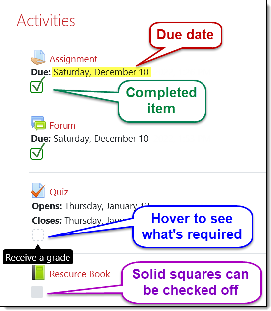 Screenshot of checked completion boxes and due dates