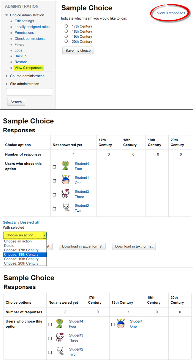 Screenshots of choice and student selection