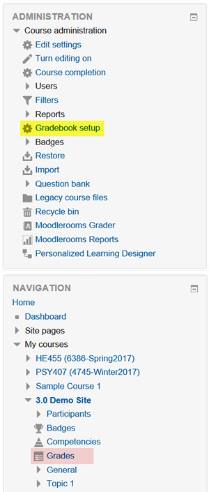 Screenshot of course admin and navigation blocks