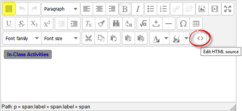 Screenshot of toggle icon and HTML icon in label edit mode