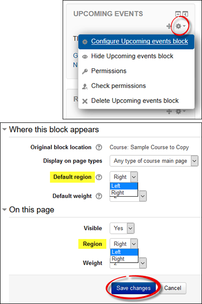 Screenshots of configuration icon in block and settings interface