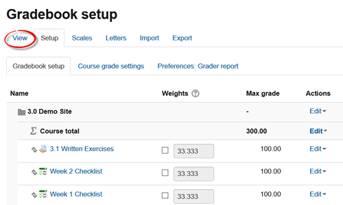 Screenshot of gradebook setup page with View highlighted