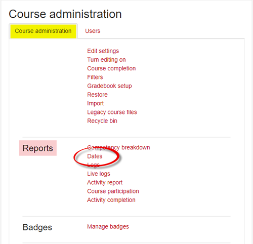 Screenshot of Dates option in Reports area