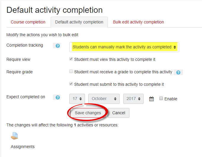 Screenshot of Default Activity Completion Tab