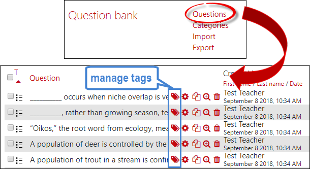 Screenshot of question links