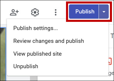 Screenshot of publish options accessed by using the pull-down menu
