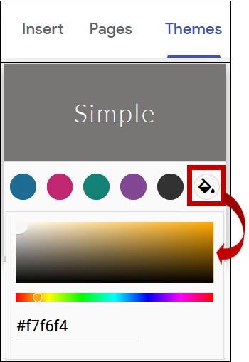 Screenshot of theme color options accessed by clicking on the paint can icon