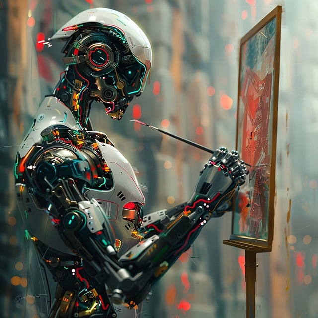 AI generated  image of cyborg painting at an easel