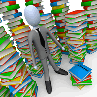 Cartoon character standing in front of books