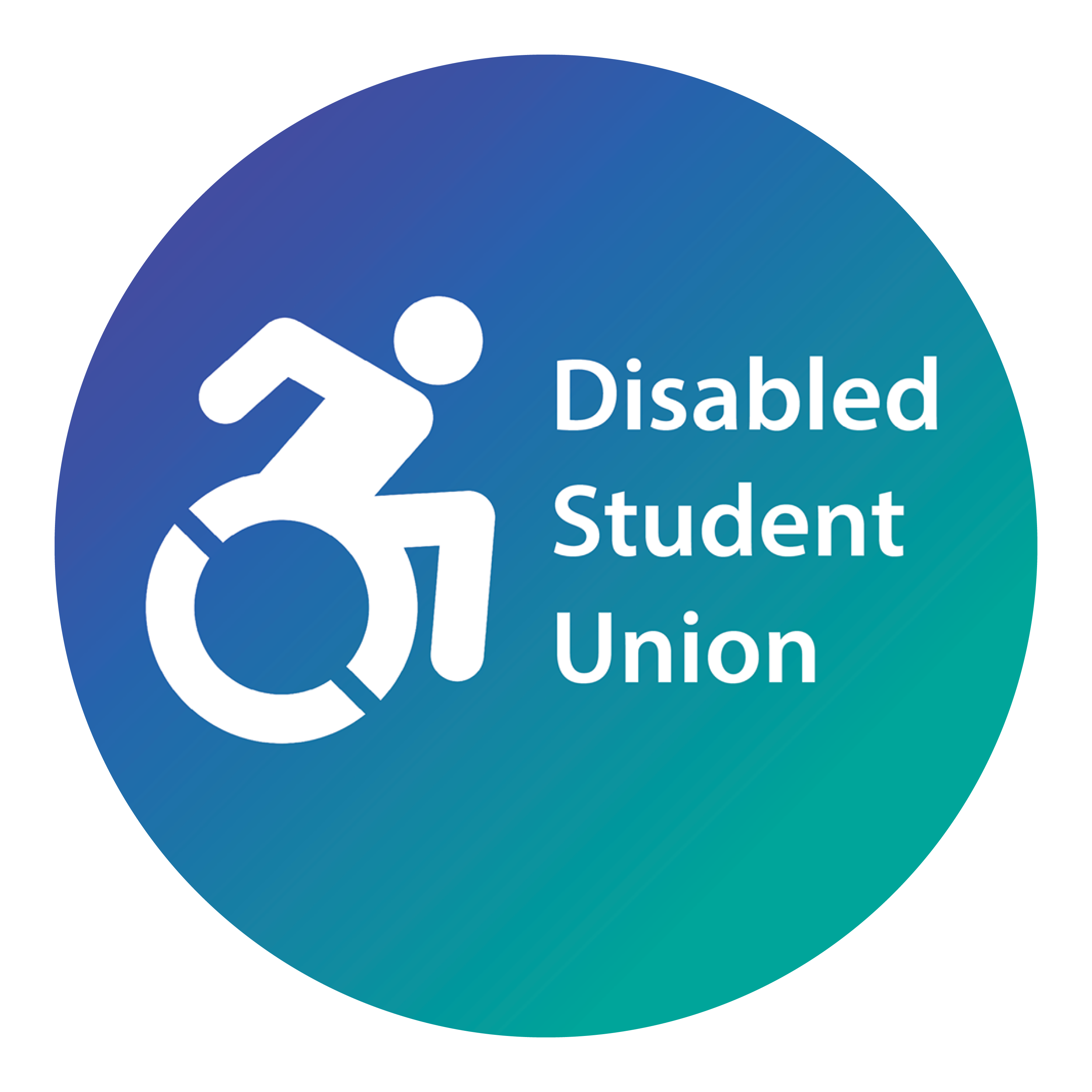 Disabled Student Union Logo: gradient of purple, disability blue, and a mint green from top left to bottom right. Uses Accessible Icon Project disability symbol.