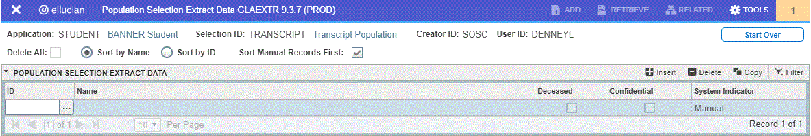 Population Selection Extract Data Page (GLAEXTR)